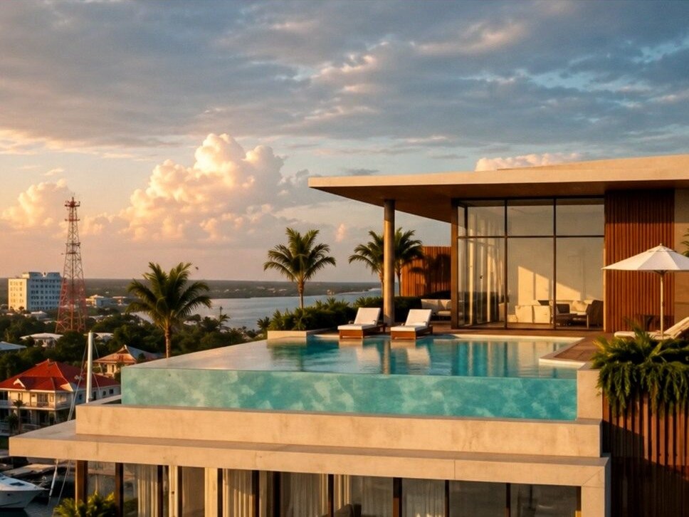 Contemporary waterfront residence overlooking a harbour at sunset