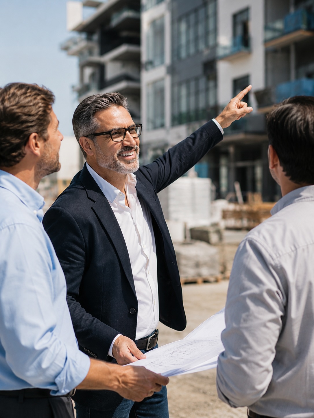 John Deline reviewing plans on site with Tom Morris of Diamond Construction and a strategic partner